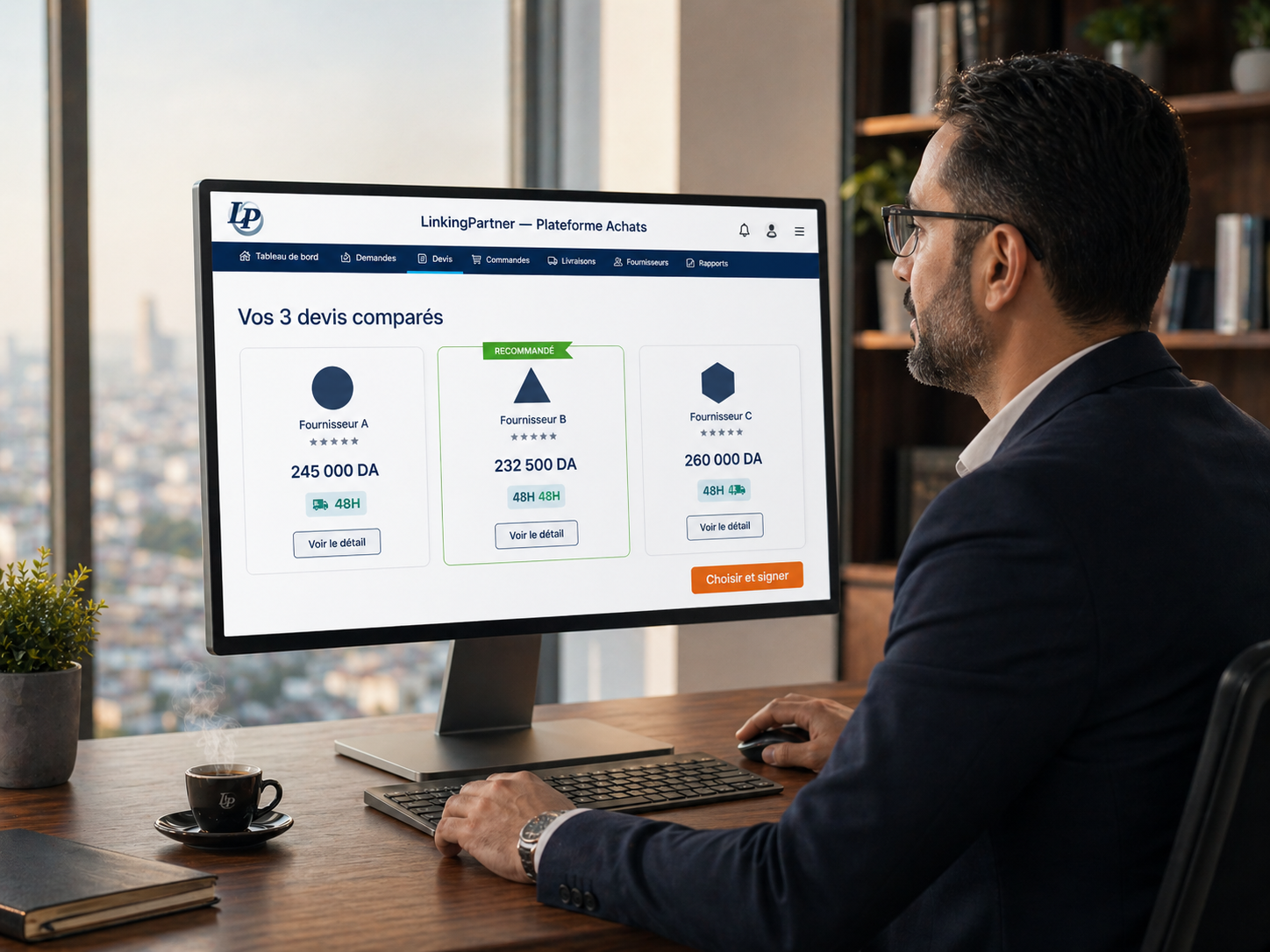 Acheteur sur la plateforme LinkingPartner avec 3 devis comparés